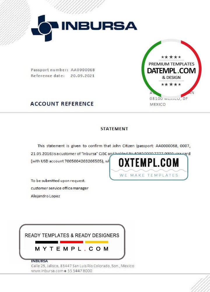 Mexican Inbursa bank account closure reference letter example in Word and PDF format