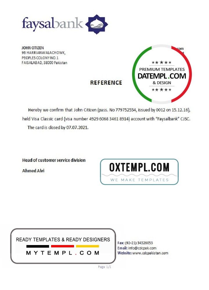 Pakistani Faysalbank bank account closure reference letter example in Word and PDF format