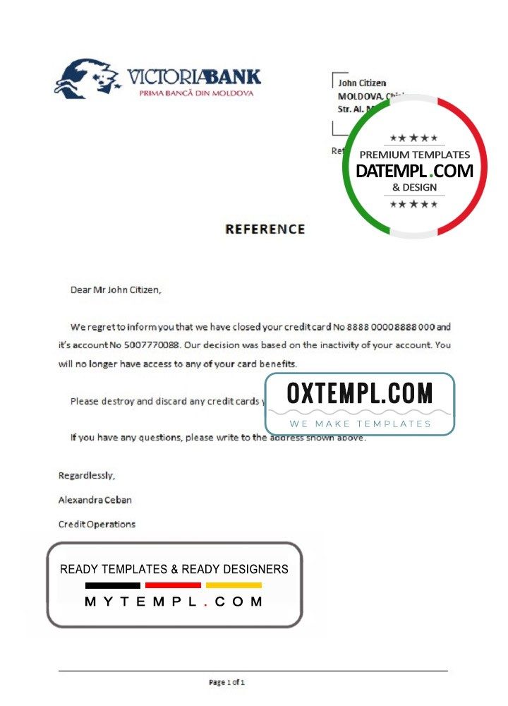 Moldovan Victoriabank bank account closure reference letter example in Word and PDF format