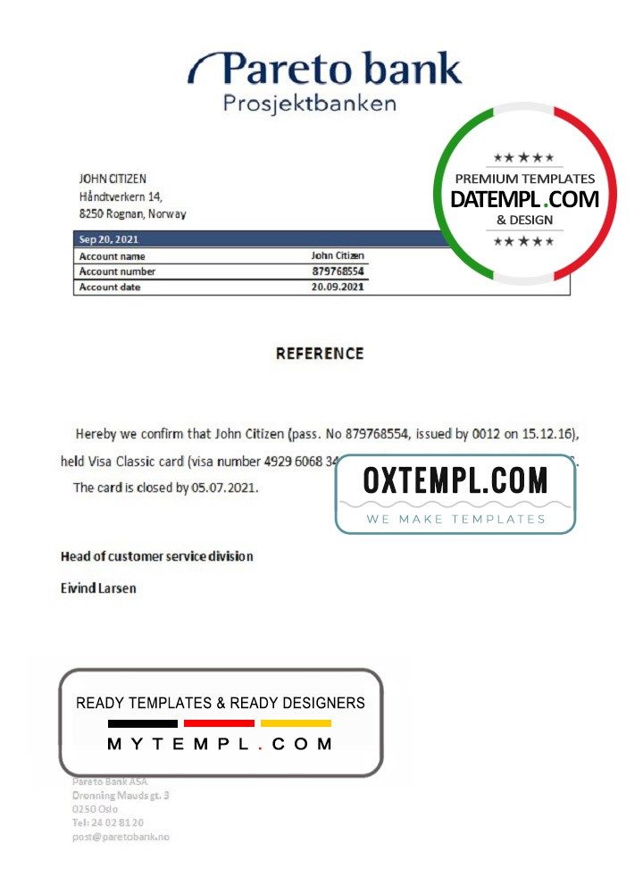 Norwegian Pareto Bank bank account closure reference letter example in Word and PDF format