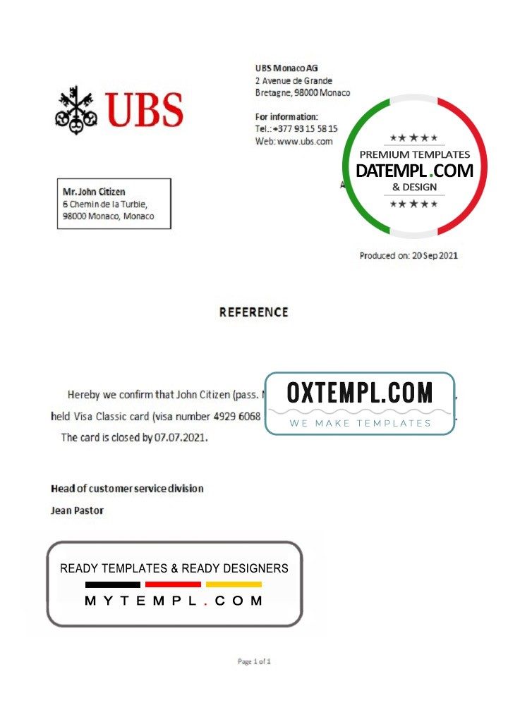Monacan UBS bank account closure reference letter example in Word and PDF format