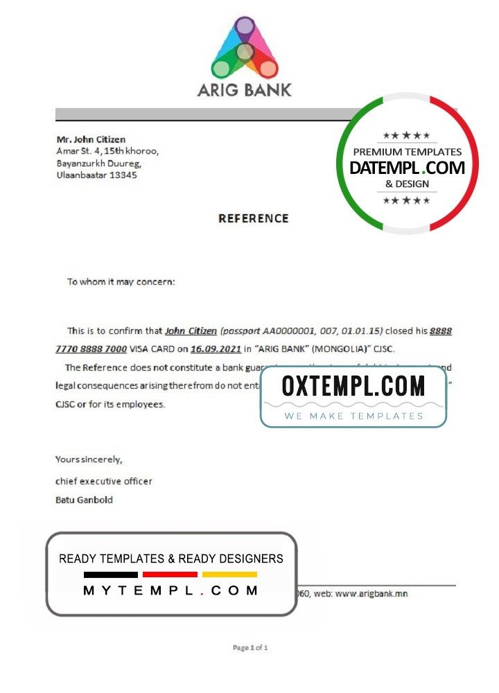 Mongolian Arig Bank bank account closure reference letter example in Word and PDF format