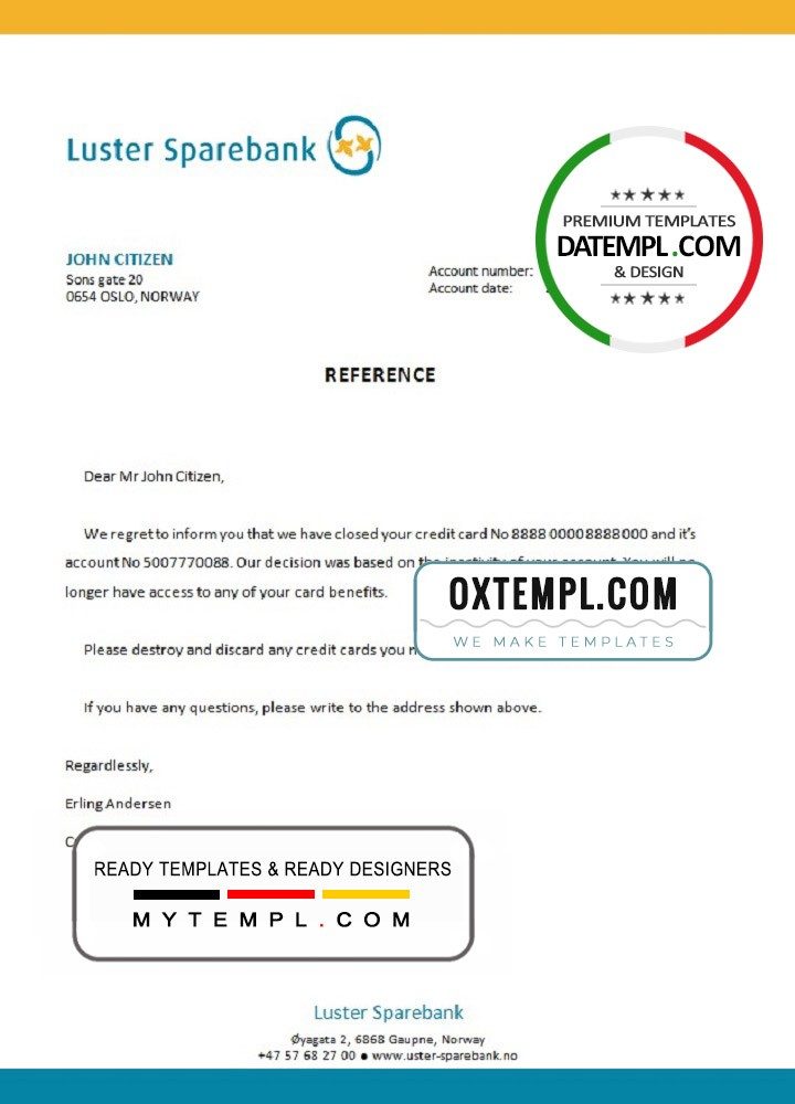 Norwegian Luster Sparebank bank account closure reference letter example in Word and PDF format