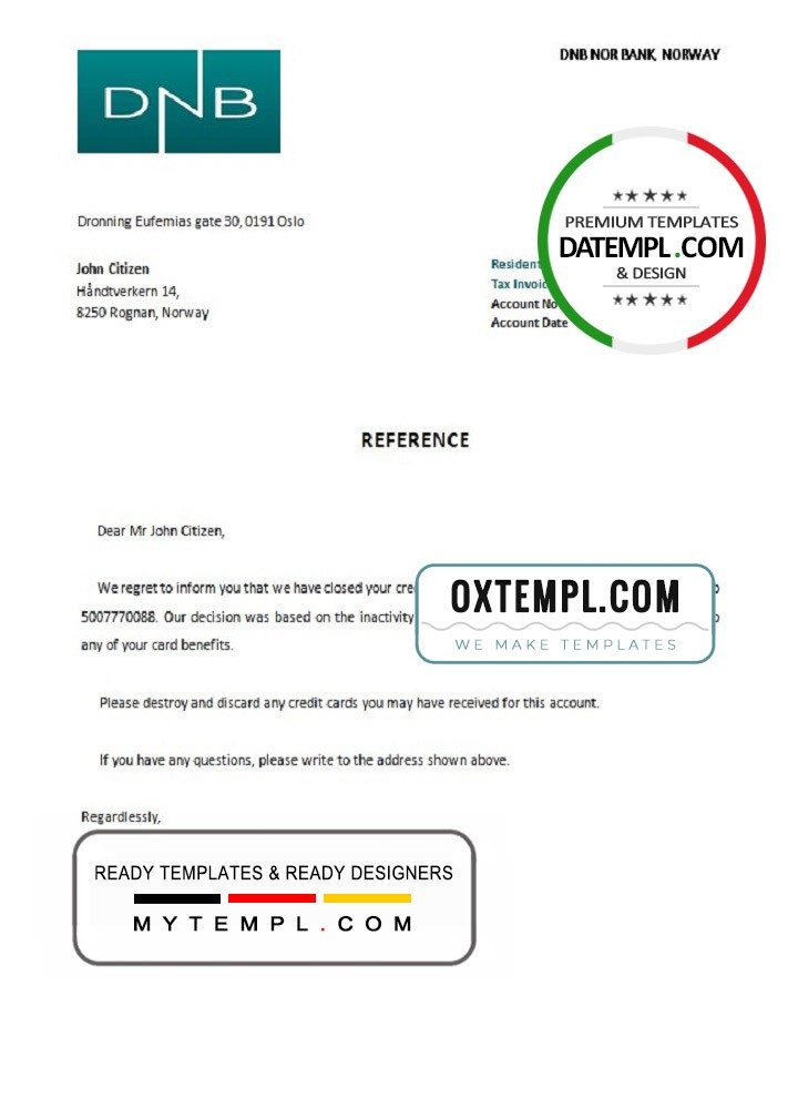 Norwegian DNB Nor Bank bank account closure reference letter example in Word and PDF format