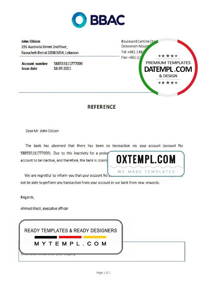Lebanese Bank of Beirut and the Arab Countries bank account closure reference letter example in Word and PDF format