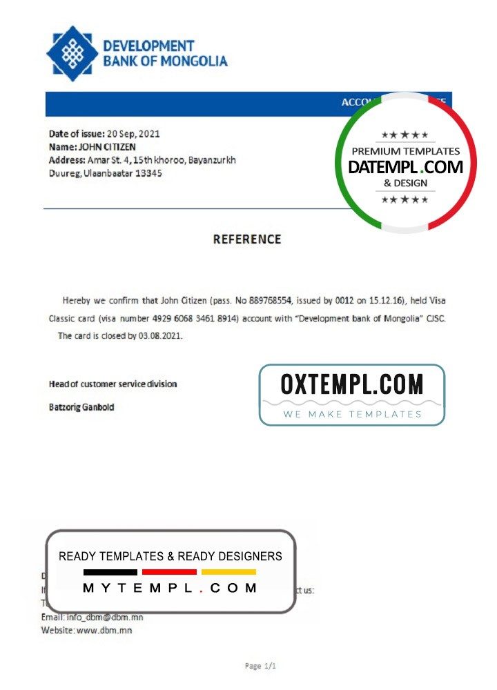 Mongolian Development Bank of Mongolian bank account closure reference letter example in Word and PDF format