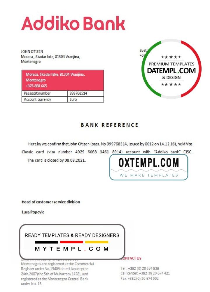Montenegrin Addiko Bank bank account closure reference letter example in Word and PDF format