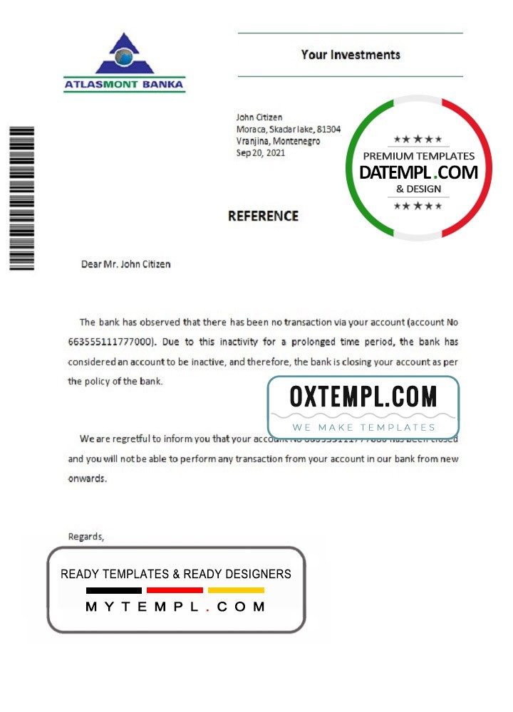 Montenegrin Atlasmont banka bank account closure reference letter example in Word and PDF format