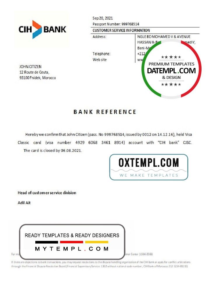 Moroccan CIH Bank bank account closure reference letter example in Word and PDF format