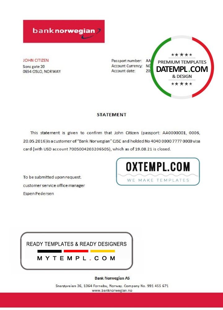 Norwegian Bank Norwegian bank account closure reference letter example in Word and PDF format