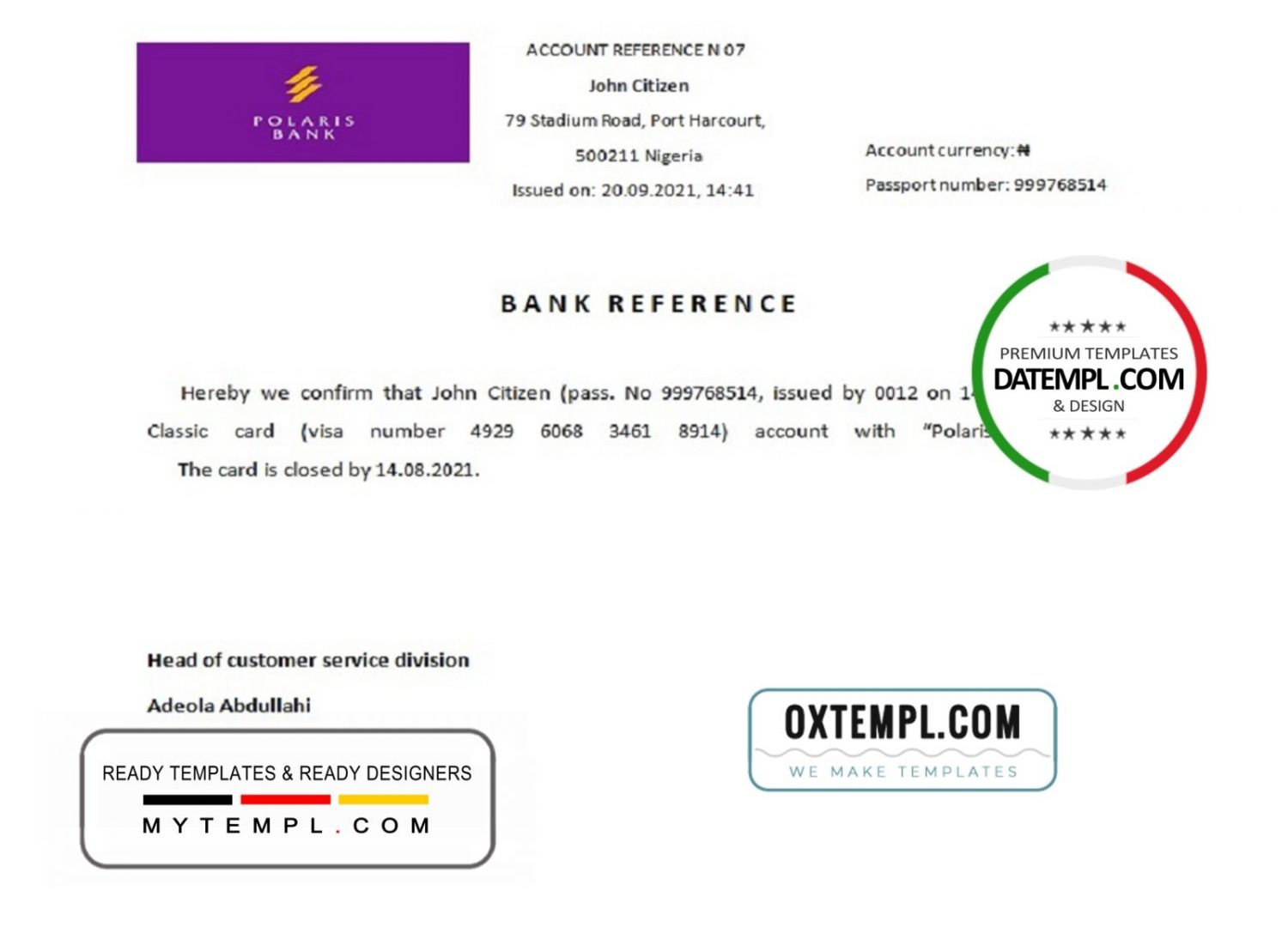 Nigerienia Polaris Bank bank account closure reference letter example in Word and PDF format