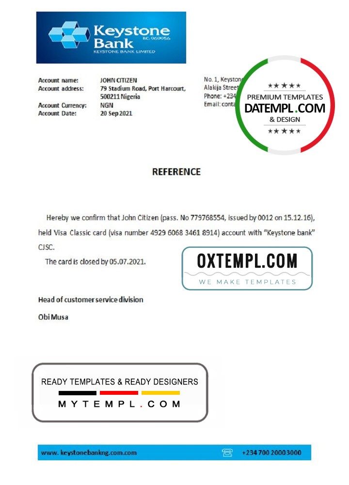 Nigerienia Keystone Bank bank account closure reference letter example in Word and PDF format