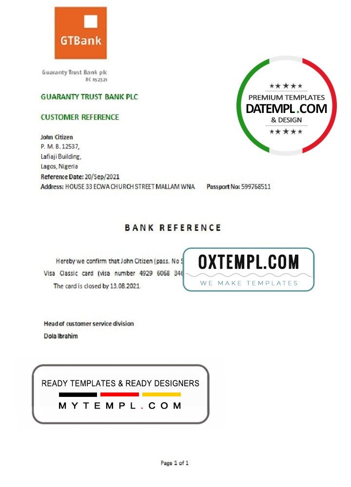 Nigerienia GTBank bank account closure reference letter example in Word and PDF format