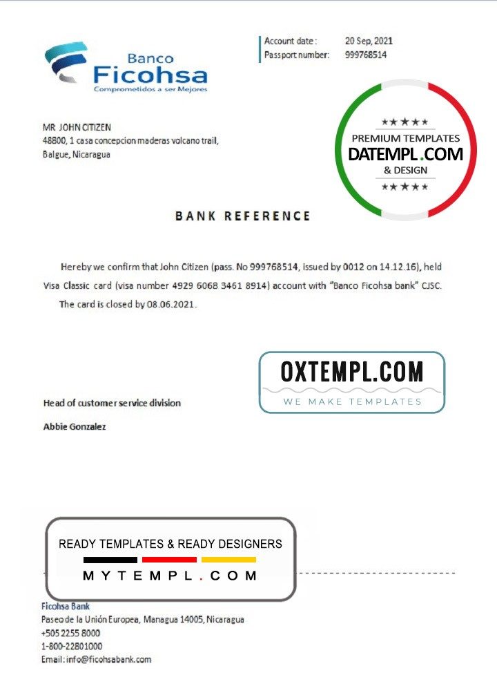 Nicaraguan Banco Ficohsa bank account closure reference letter example in Word and PDF format