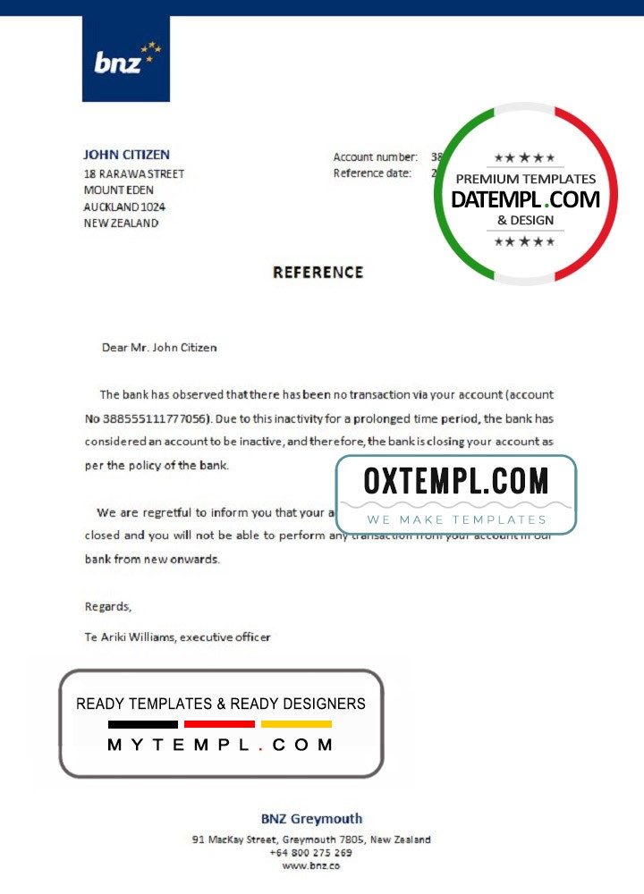 New Zealand BNZ bank account closure reference letter example in Word and PDF format