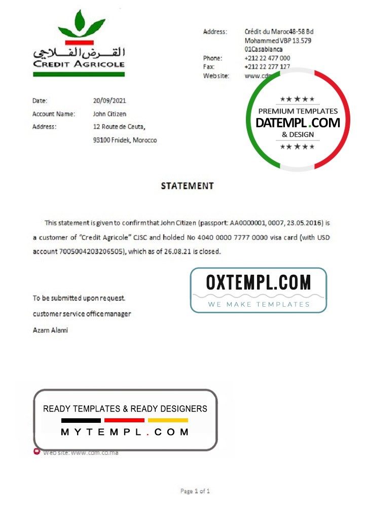 Moroccan Credit Agricole bank account closure reference letter example in Word and PDF format