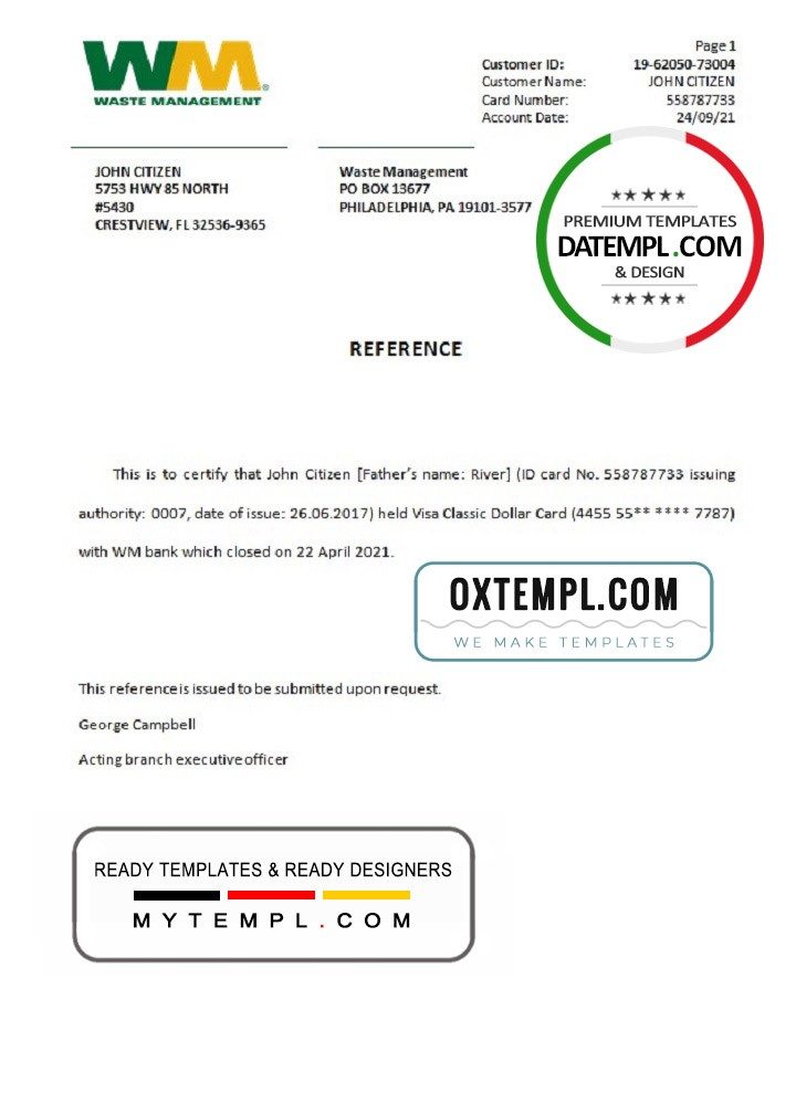 USA WM bank account closure reference letter example in Word and PDF format