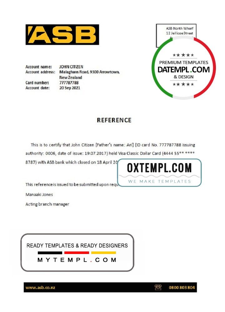New Zealand ASB bank account closure reference letter example in Word and PDF format