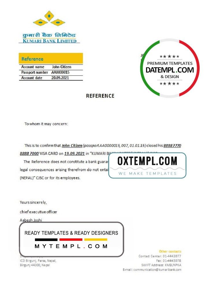 Nepali Kumari Bank bank account closure reference letter example in Word and PDF format
