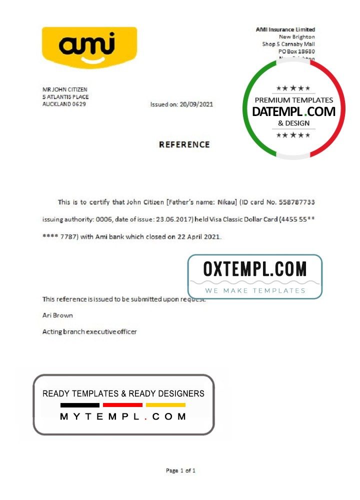 New Zealand Ami bank account closure reference letter example in Word and PDF format