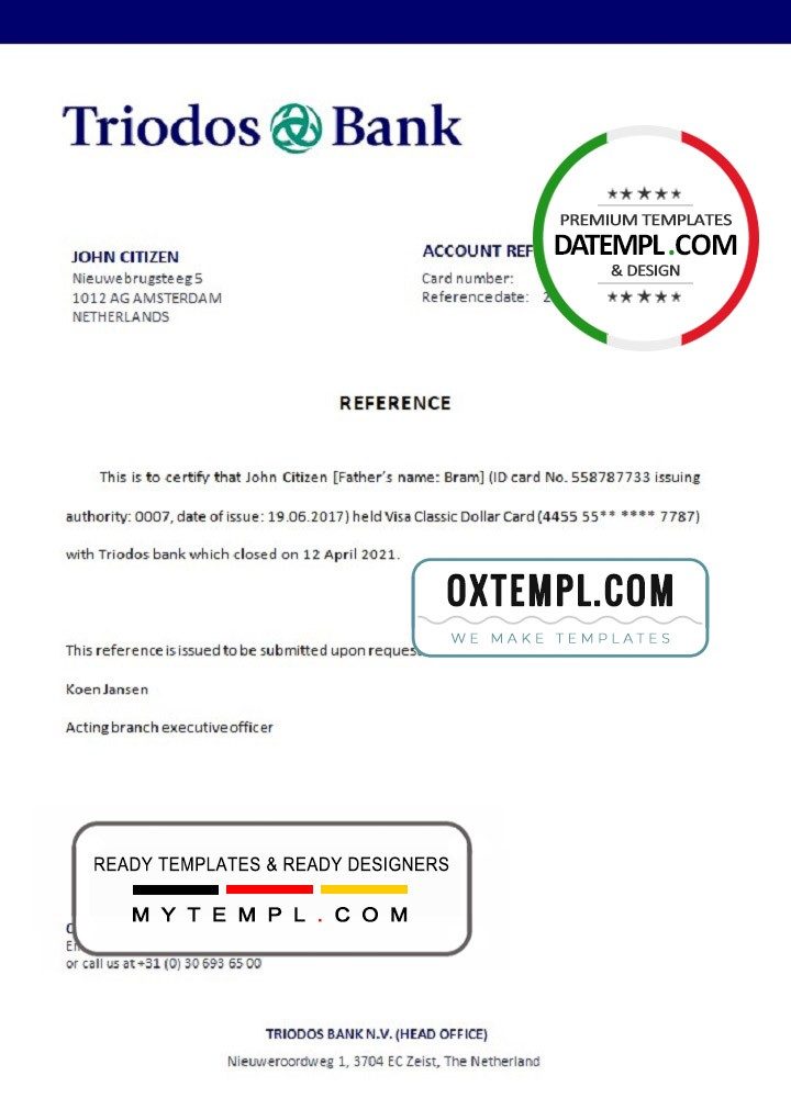Dutch Triodos Bank bank account closure certificate example in Word and PDF format