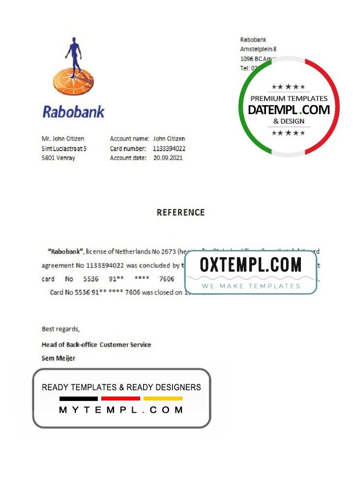 Dutch Rabobank bank account closure certificate example in Word and PDF format