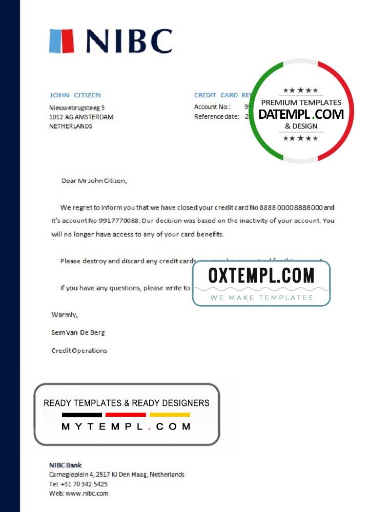 Dutch NIBC Bank bank account closure certificate example in Word and PDF format
