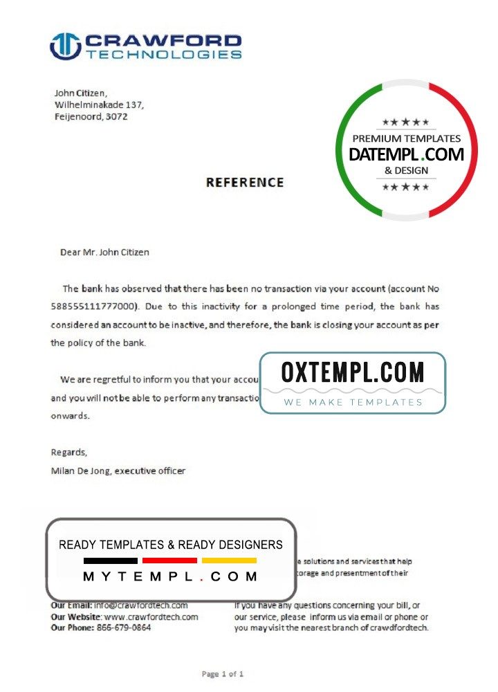 Dutch Crawford bank account closure certificate example in Word and PDF format