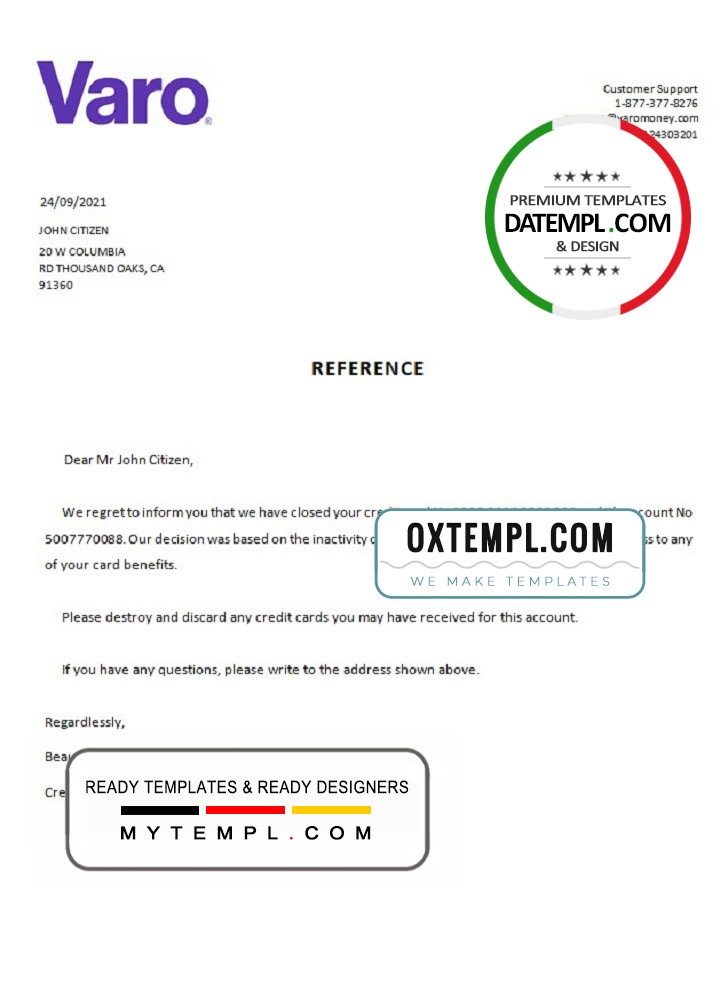 USA Varo bank account closure reference letter example in Word and PDF format