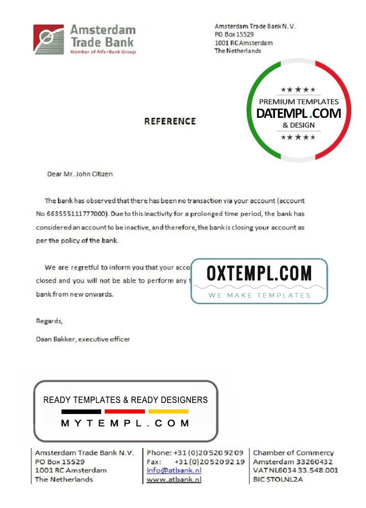 Dutch Amsterdam Trade Bank account closure certificate example in Word and PDF format
