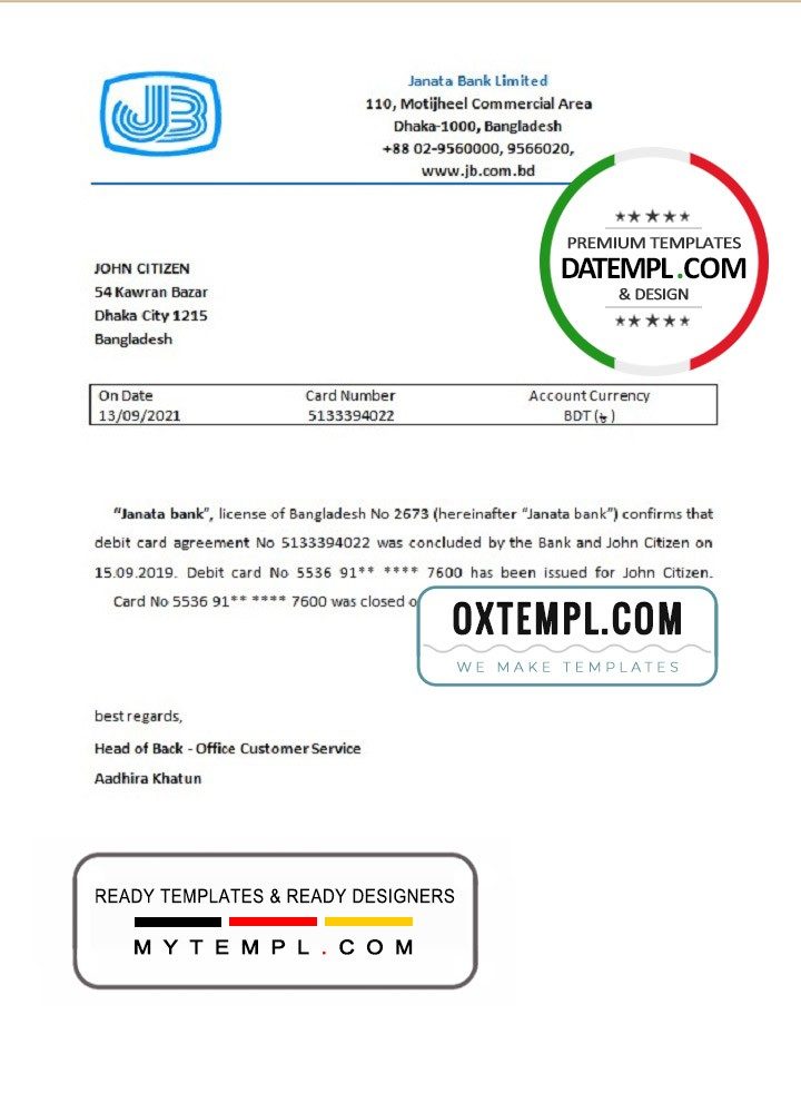 Bangladeshi Janata bank account closure reference letter example in Word and PDF format