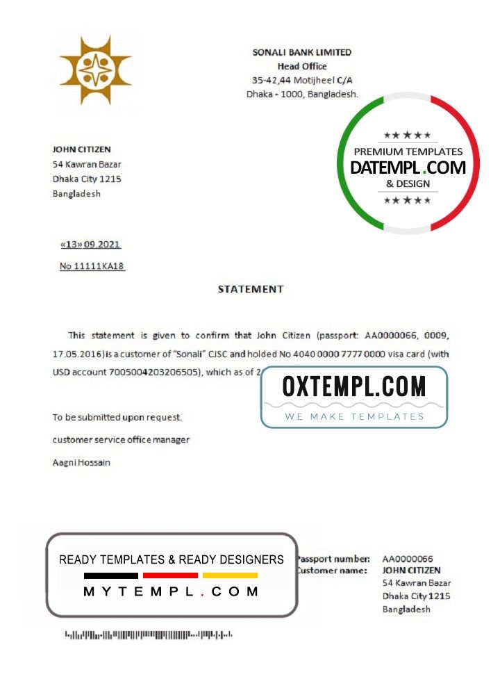 Bangladeshi Sonali bank account closure reference letter example in Word and PDF format