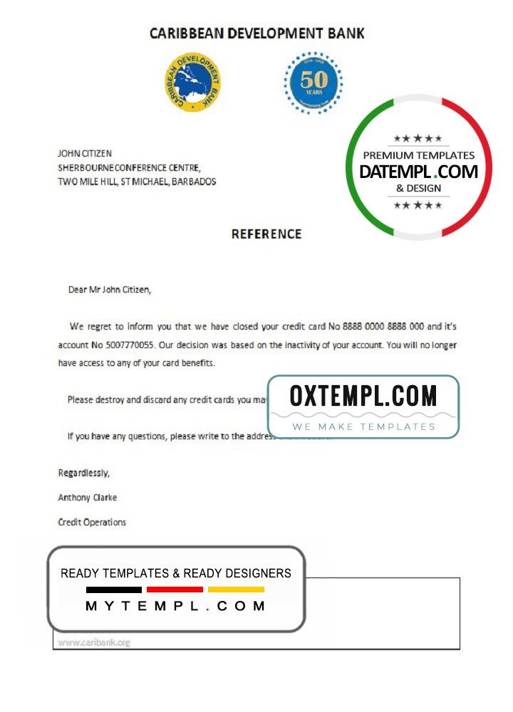 Barbadian Caribbean Development Bank account closure reference letter example in Word and PDF format