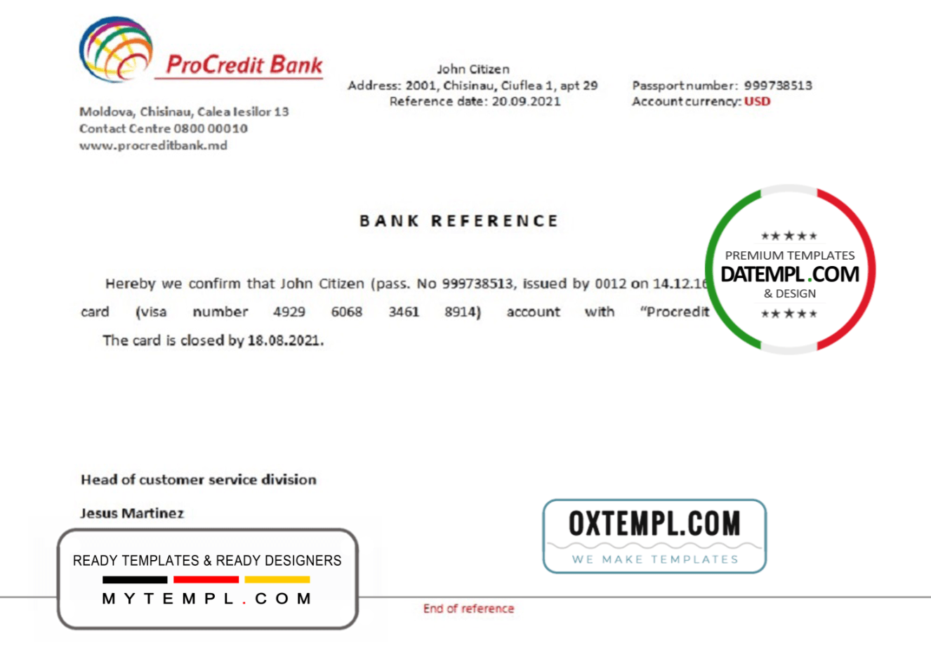 Moldovan ProCredit Bank bank account closure reference letter example in Word and PDF format
