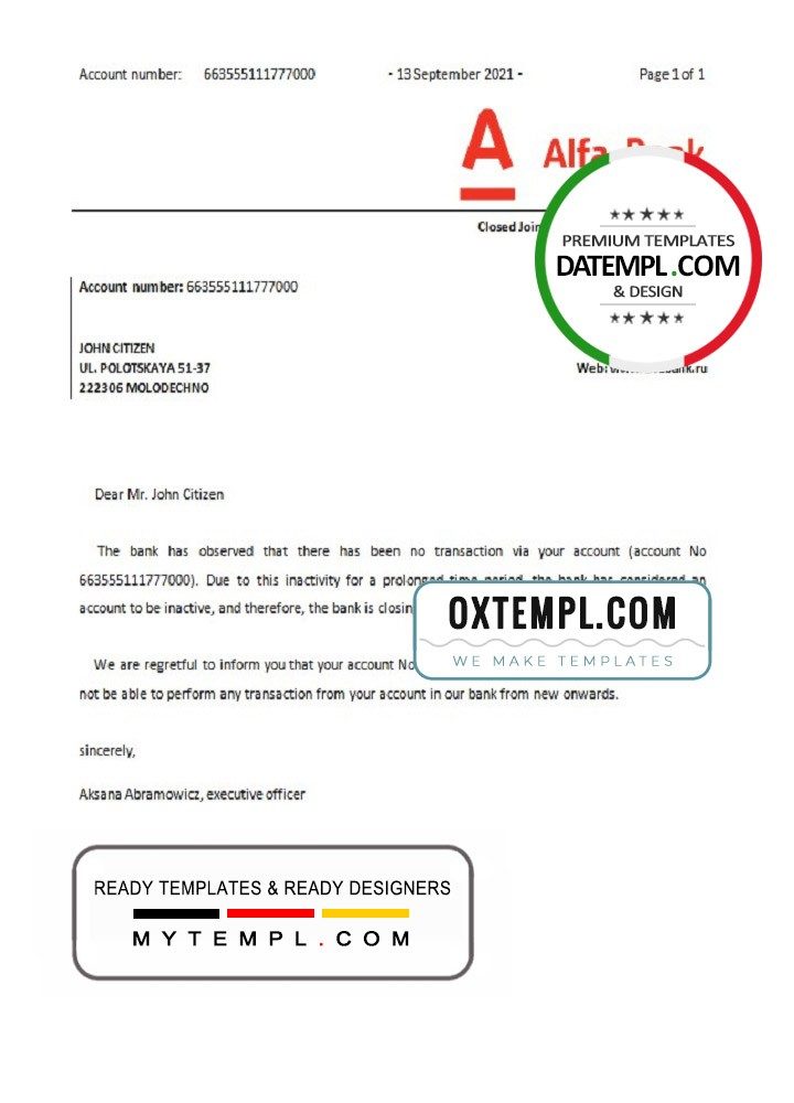 Belarusian Alfa bank account closure reference letter example in Word and PDF format
