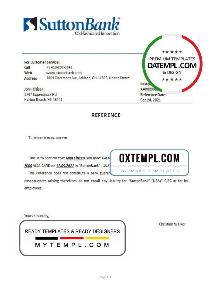 USA Sutton Bank bank account closure reference letter example in Word and PDF format