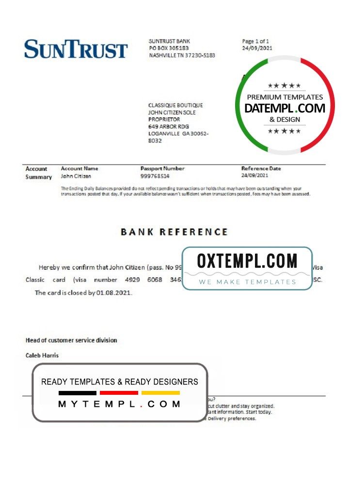 USA SunTrust bank account closure reference letter example in Word and PDF format