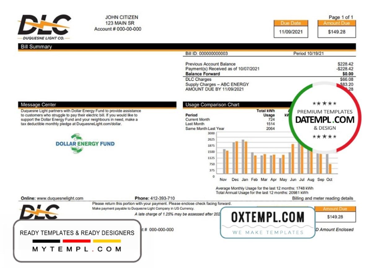 USA Pennsylvania Duquesne Light Company (DLC) utility bill download example in Word and PDF format