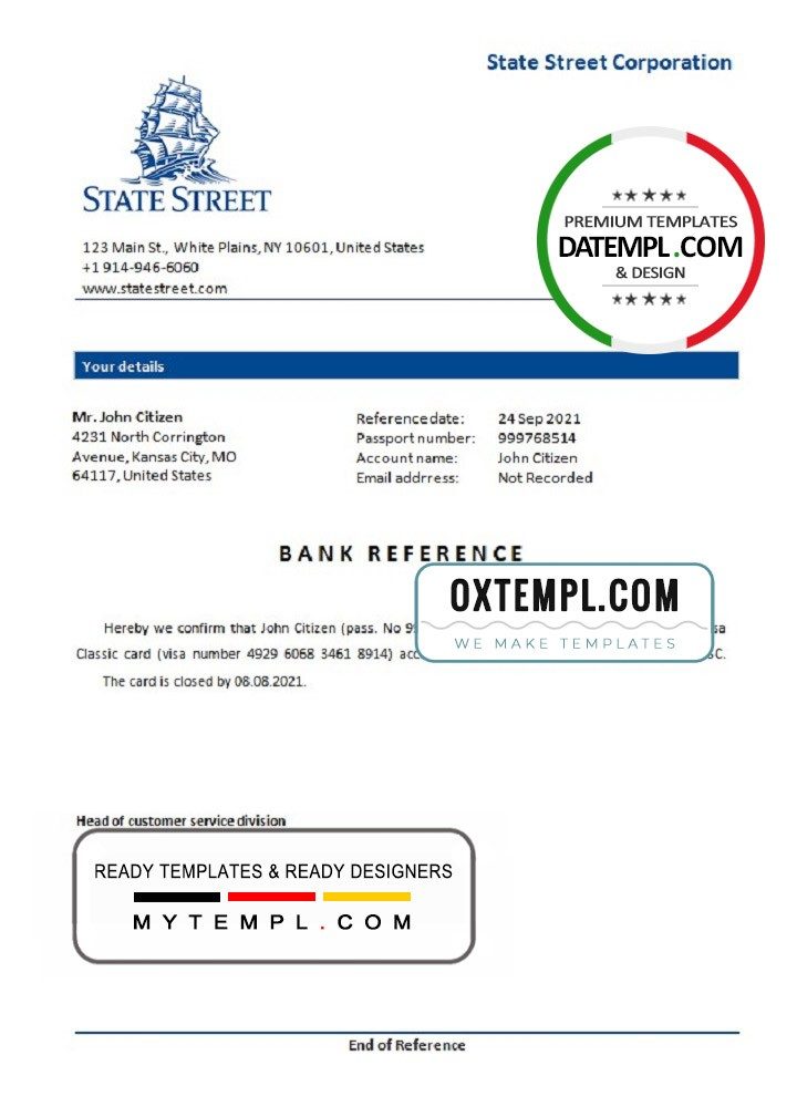 USA State Street bank account closure reference letter example in Word and PDF format
