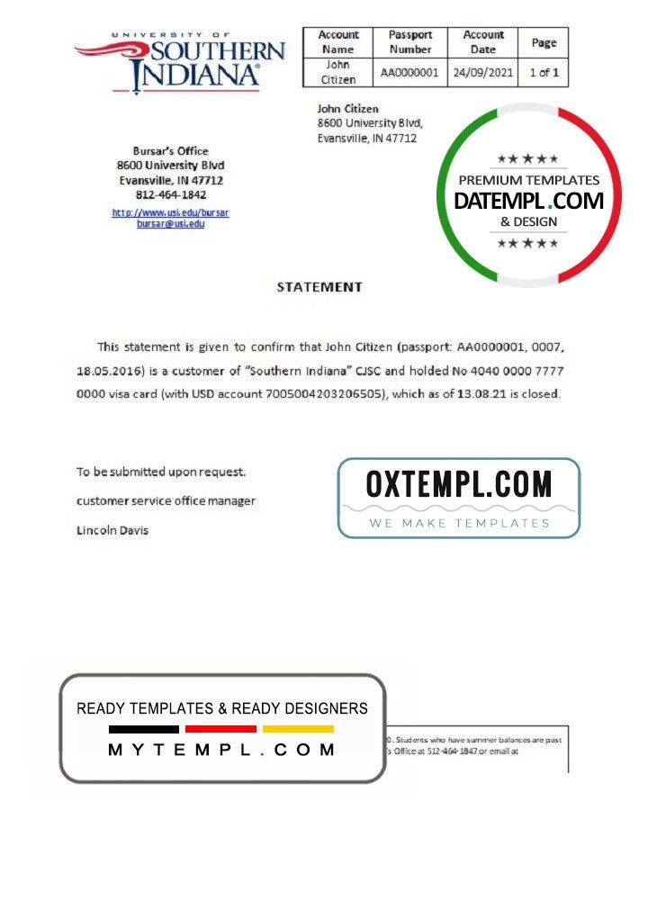 USA Southern Indianna bank account closure reference letter example in Word and PDF format