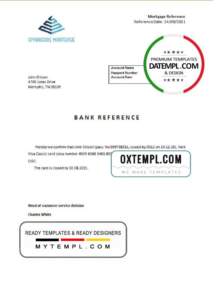 USA Springside Mortgage bank account closure reference letter example in Word and PDF format