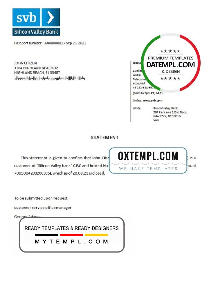 USA Silicon Valley Bank bank account closure reference letter example in Word and PDF format