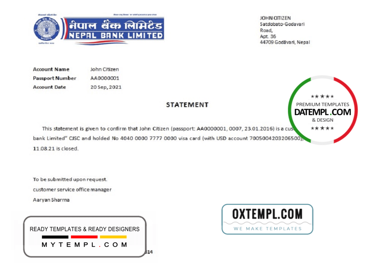 Nepali Nepali bank account closure reference letter example in Word and PDF format