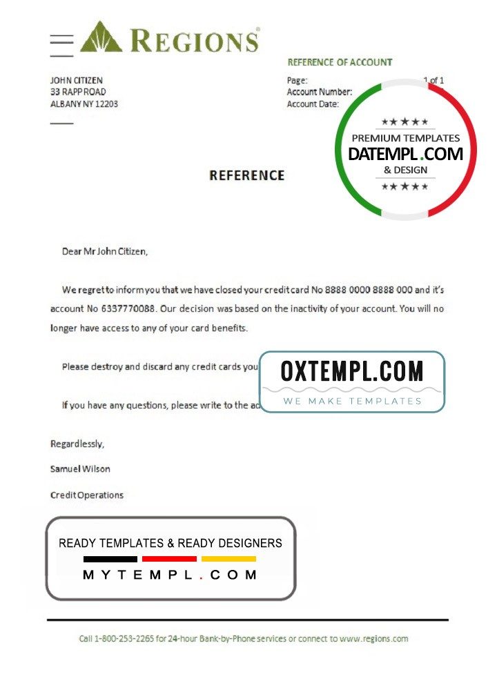 USA Regions bank account closure reference letter example in Word and PDF format