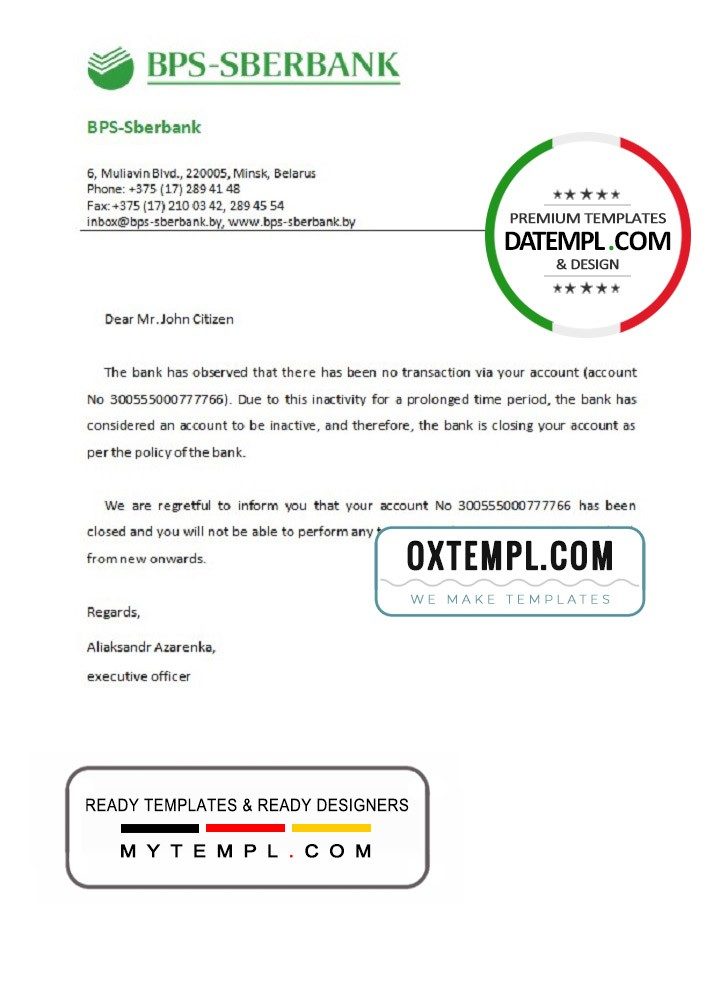 Belarusian BPS-SBERBANK bank account closure reference letter example in Word and PDF format