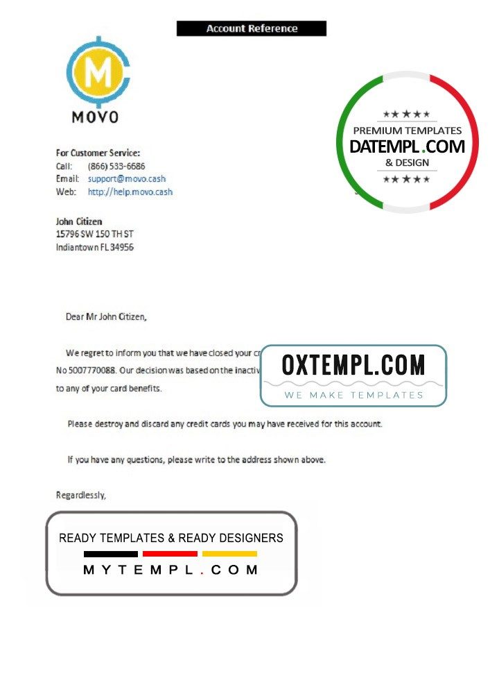 USA Movo bank account closure reference letter example in Word and PDF format