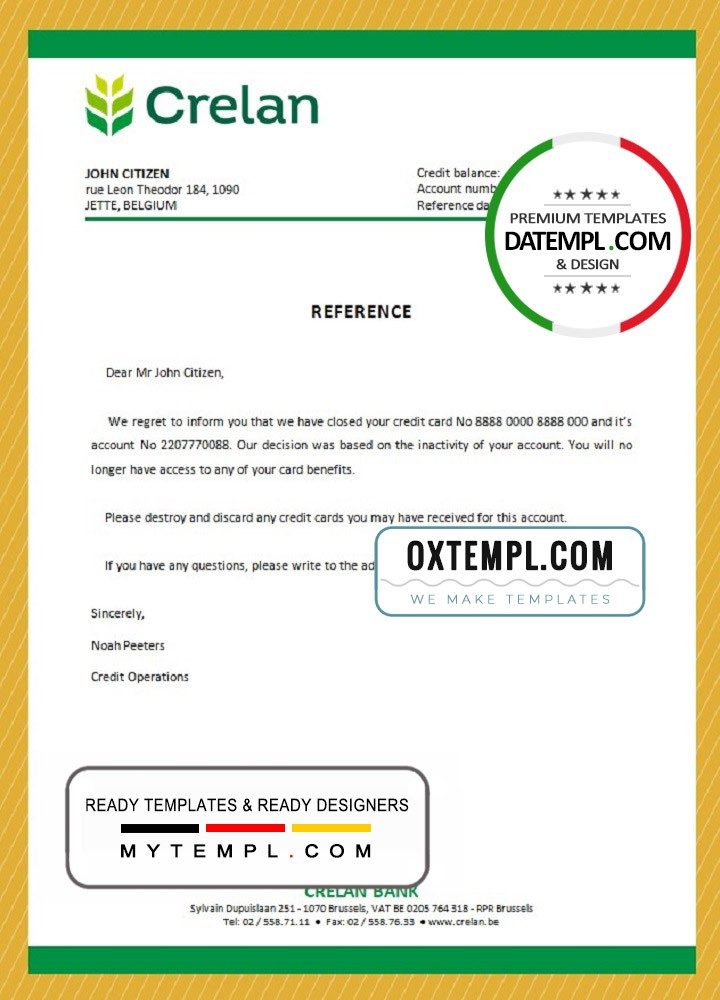 Belgian Crelan bank account closure reference letter example in Word and PDF format