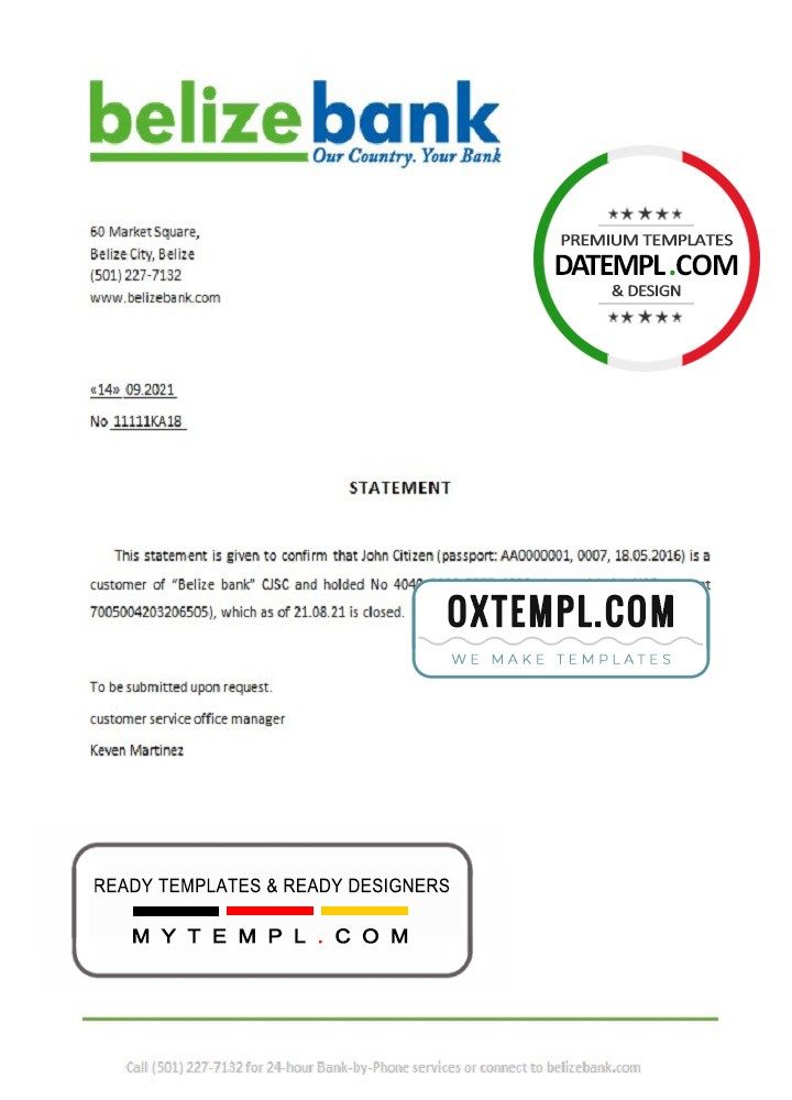 Belizean Belizeanbank bank account closure reference letter example in Word and PDF format