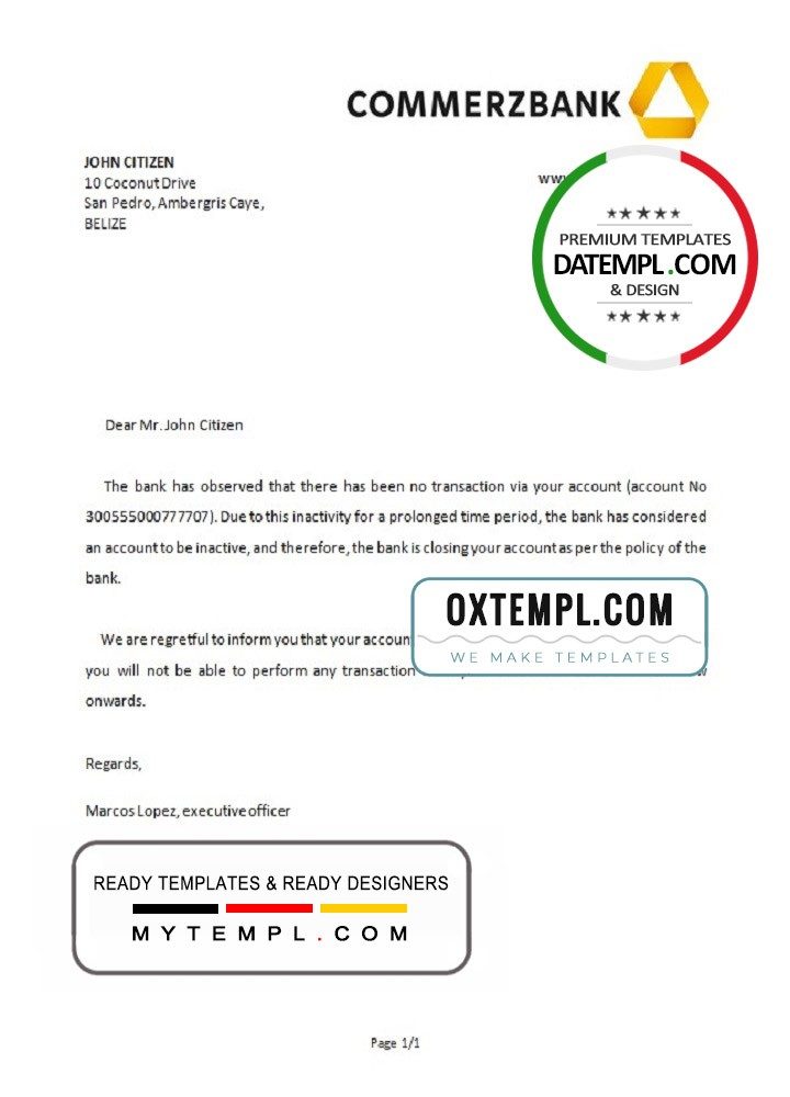 Belizean Commerzbank bank account closure reference letter example in Word and PDF format