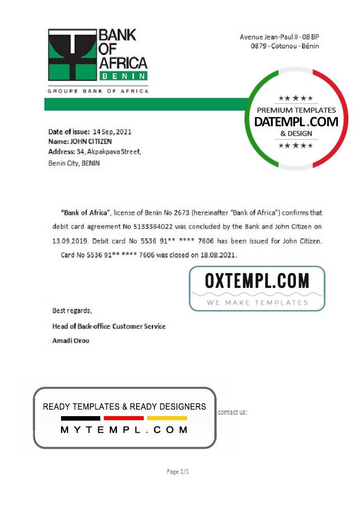 Beninois Bank of Africa bank account closure reference letter example in Word and PDF format
